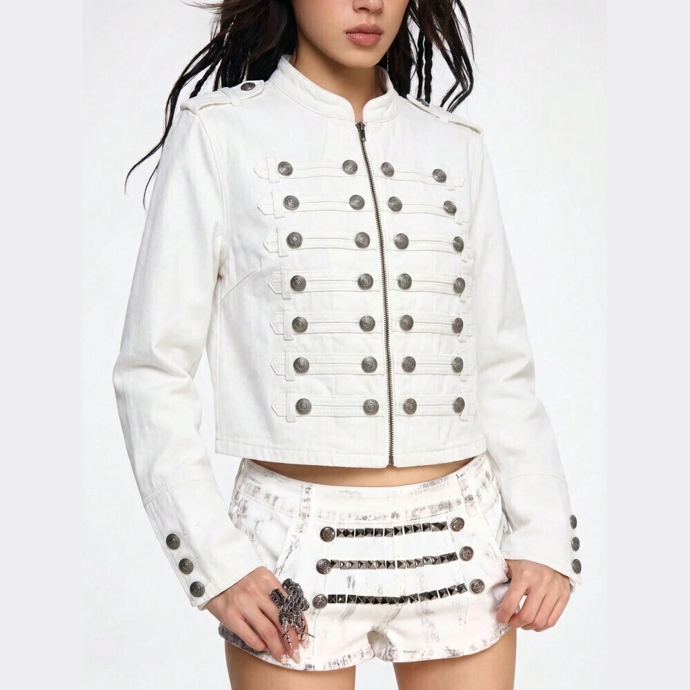 White Denim Military Jacket with Button Epaulette Trim